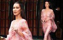 Bella Hadid exudes retro glam in flowy pink dress with a plunging neckline ... trends now