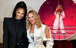 Kylie Minogue puts on a stylish display in a satin boiler suit as she poses ... trends now