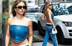 Sydney Sweeney turns heads in a backless denim tube top while arriving in NYC ... trends now