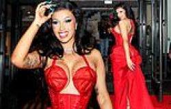 Let's Met this party started! Cardi B changes into a busty red corset gown to ... trends now