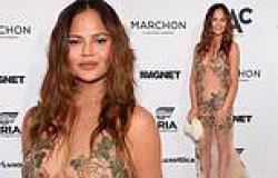 Chrissy Teigen dares to bare in SEE-THROUGH dress with sparkly floral appliques ... trends now