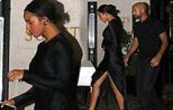 Rochelle Humes puts on a leggy display in a black thigh-split satin gown as she ... trends now
