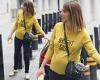Pregnant Alex Jones shows off her growing bump in a mustard yellow slogan jumper