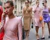 Hailey Bieber dazzles in her THIRD outfit of the day as she slips into a pink ...