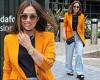 Myleene Klass shows off her sense of style in a bright orange blazer and mom ...