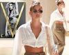 Hailey Bieber flaunts taut tummy in white cropped blouse in Beverly Hills... ...