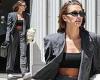 Hailey Bieber gets down to business in a grey suit after returning to LA from ...