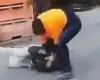 Wild moment a furious tradie punches and kicks a cowering man on the ground at ...