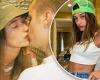 Hailey Bieber shares a passionate kiss with her husband Justin in Las Vegas