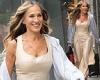Sarah Jessica Parker puts her fit figure on display in glossy fitted jumpsuit