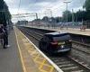 Moment thief hurtles down railway line in stolen Land Rover