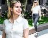 Emma Roberts exudes style in delicate button down top and fitted jeans