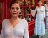 Anna Friel flaunts her trim waist in a lacy blue dress and heels at a glamorous ...