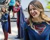 Melissa Benoist and husband Chris Wood share a laugh in costume while filming ...