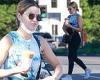 Lucy Hale looks pretty-as-ever while fetching coffee in a blue tie-dye top