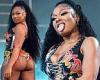 Megan Thee Stallion draws a crowd in thong leotard made from upcycled band tees ...
