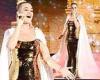 Katy Perry wows in a gold sequinned gown and billowing cape
