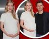 Rachel Riley cradles her baby bump as she arrives for Singing In The Rain press ...