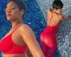 Rihanna sizzles in a red-hot Savage X Fenty bodysuit while cooling down with a ...
