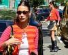Bella Hadid oozes 2000s vibes in a micro-pleated skirt and a candy-striped ...