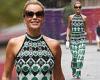 Amanda Holden saunters out of Heart Radio in a retro-print halterneck jumpsuit