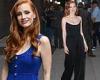 Jessica Chastain stuns in an elegant blue pantsuit arriving at The Late Show ...