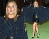 Kate Hudson puts on a leggy display in leather mini skirt and dramatic caped top