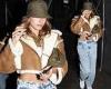 Hailey Bieber flashes her toned tummy in a cropped sheepskin leather jacket ...