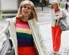 Kate Garraway goes 70's retro in a rainbow coloured jumper and orange pants