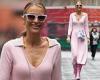 Vogue Williams wows in a plunging pale pink dress teamed with candyfloss ...