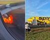 Spirit Airlines jet engine erupts in flames then deploys evacuation slides at ...