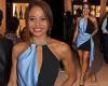 Emma Weymouth flashes her toned legs in an edgy black-and-blue minidress at ...