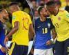 sport news Brazil star Neymar appears to try and kiss Colombia centre back Yerry Mina