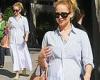 Pregnant Jennifer Lawrence pairs maxi dress with a striped button up for lunch ...