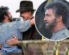 Harrison Ford greets Antonio Banderas with a bear hug on the seaside Sicily set ...
