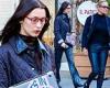 Bella Hadid sports leather bottoms with a quilted coat as she steps out with ...