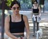 Lucy Hale showcases her toned frame in a crop top while taking her pet pooch ...