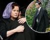 Emily Watson looks solemn as she dresses all in black and dons purple hairnet ...