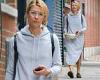 Claire Danes cuts a casual figure in a grey hoooded dress in New York