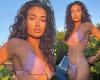 Kelly Gale shows off her incredible abs in a velvet lilac bikini