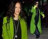 Rihanna looks effortlessly stylish in bright green coat and black jeans as she ...