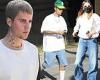 Justin Bieber and model wife Hailey coordinate in baggy denim as they run ...
