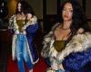 Rihanna keeps Seventies vibe alive with shiny gold strapless top and fur-lined ...