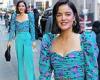 Lucy Hale cuts a stylish figure in floral blouse with teal trousers to promote ...