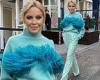 Kylie Minogue, 53, is a vision in glittery trousers and feathered turtleneck