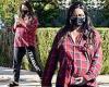Olivia Munn drapes her baby bump in flannel while walking and texting around LA