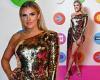 Chloe Burrows puts on a leggy display in a gold sequinned mini dress as she ...
