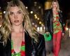 Elsa Hosk is all legs in a pair of opaque red tights and a vibrant green halter ...