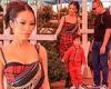Bling Empire's Christine Chiu leggy in red plaid dress while Christmas tree ...