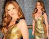 Isla Fisher, 45, stuns in a $1,000 gold Versace mini dress